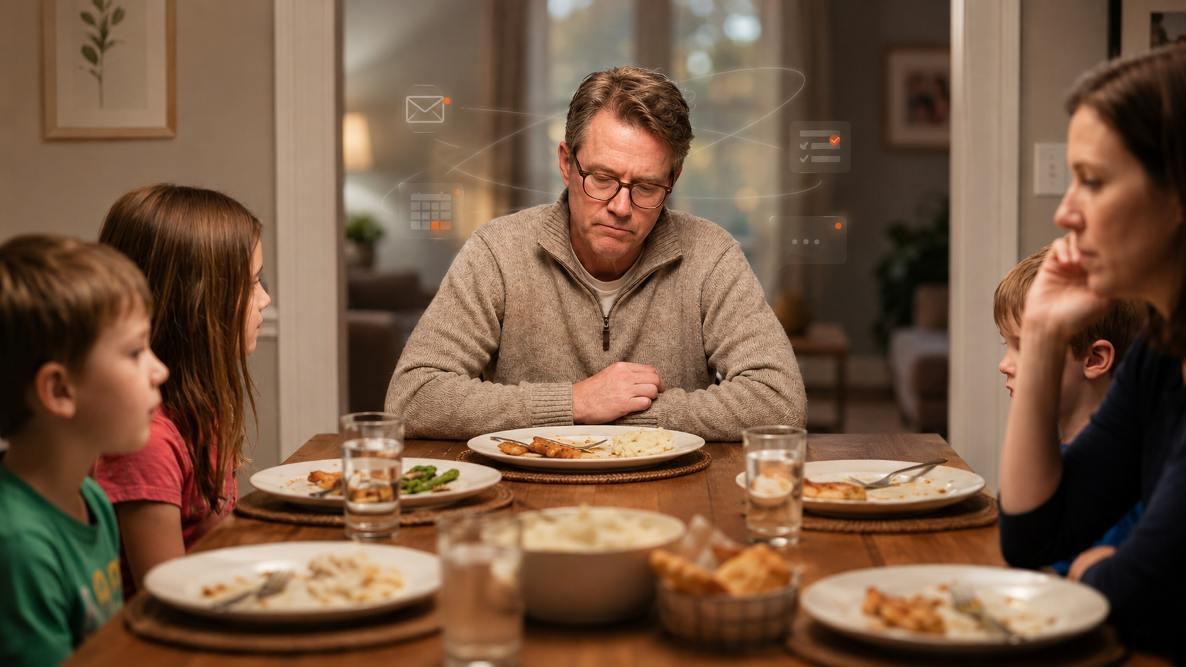 A parent at the family dinner table, mentally distracted by floating emails, calendar alerts, and tasks