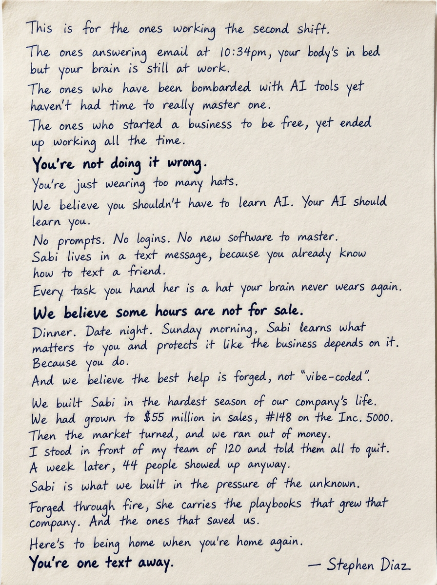 A handwritten letter from Stephen Diaz, founder of Sabi, to founders working the second shift.