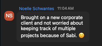 Noelle Schwantes: brought on a new corporate client and not worried about keeping track of multiple projects because of Sabi.