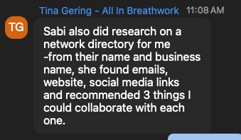 Tina Gering: Sabi researched a network directory, found emails, website, social links and recommended 3 collaborations.